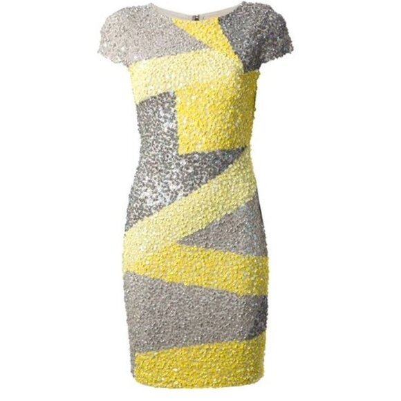 Alice + Olivia Taryn Colorblock Sequin Dress Mini Party Cocktail Yellow Gray 6 - Picture 12 of 16